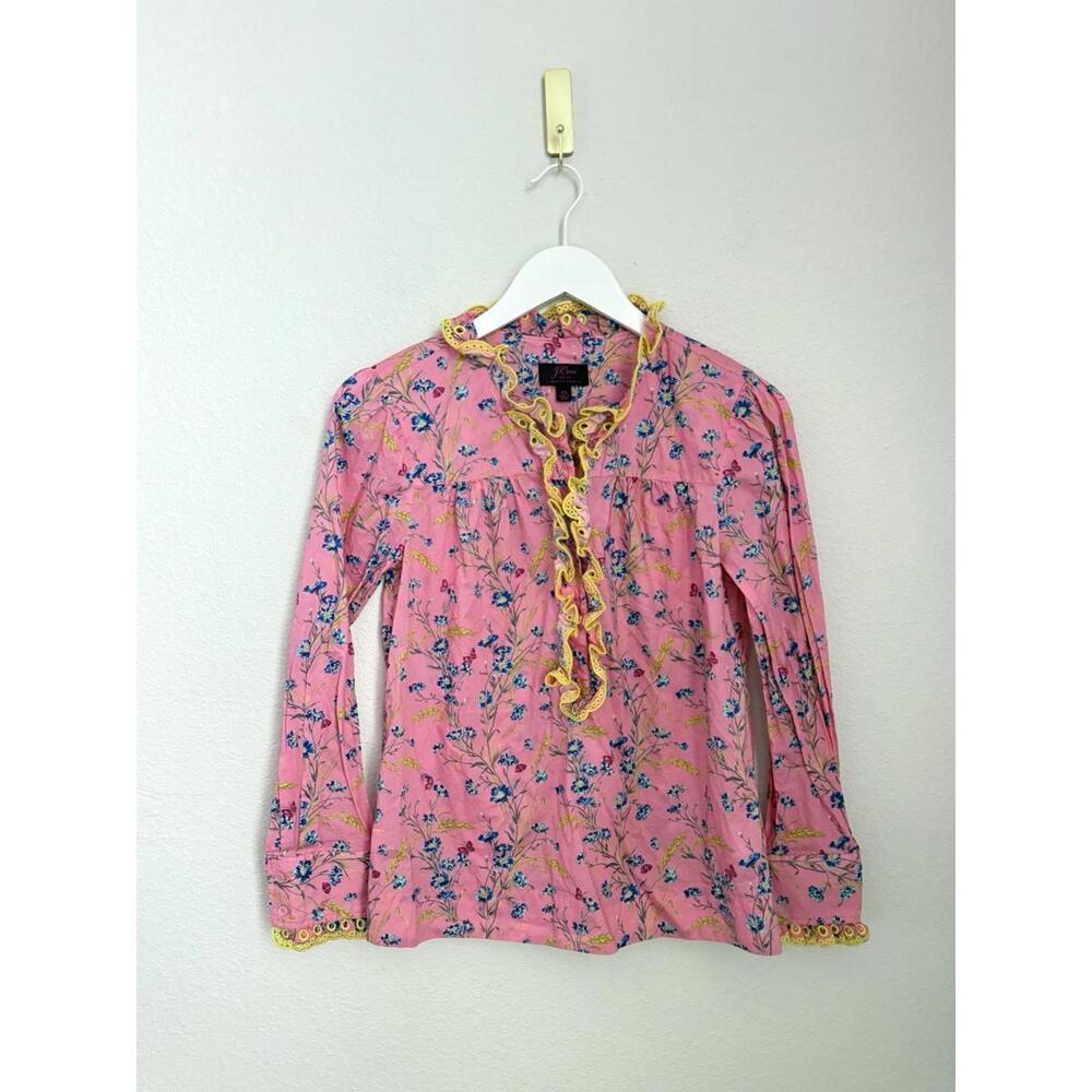 J.Crew Liberty‎ Fabric Pink Cotton Poplin Blouse XS Ruffle Floral Cottagecore